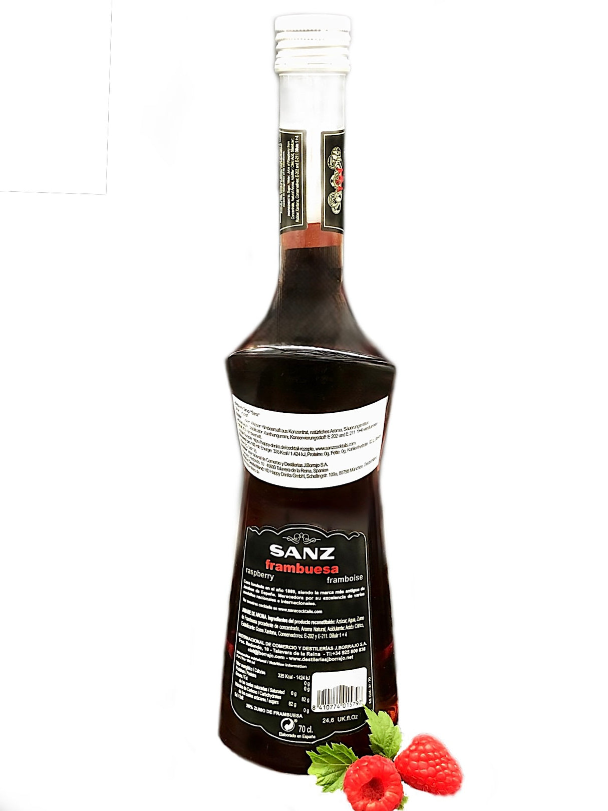 Himbeersirup Sanz 0,7L, Rückseite der Flasche mit Etikett, daneben frische Himbeeren und grünes Blatt.