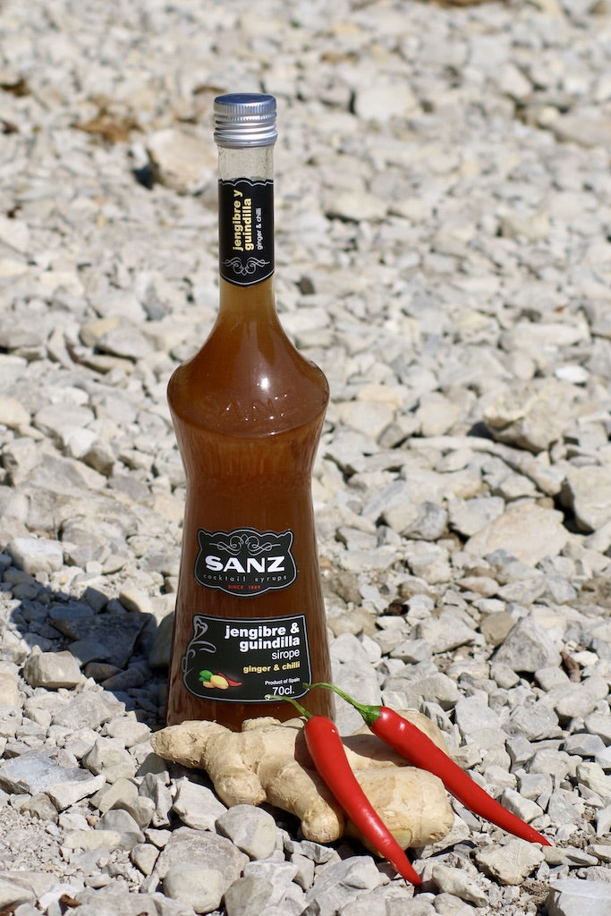 Ingwer & Chili Sirup Sanz 0,7L in Glasflasche mit schwarzem Etikett, auf Steinen platziert mit frischem Ingwer und roten Chilischoten.