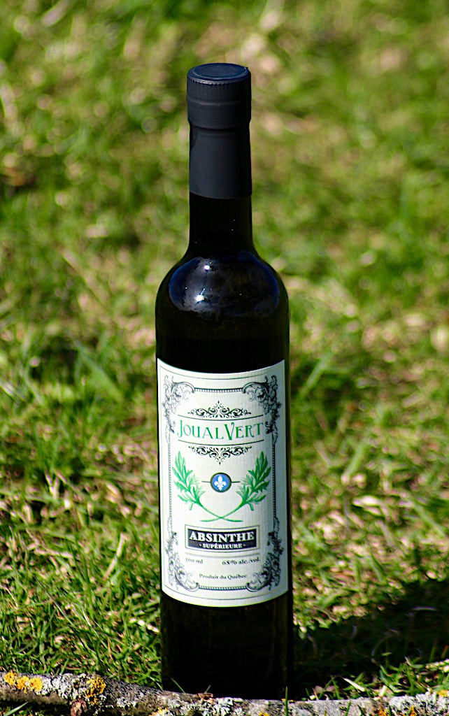 Flasche Joual Vert Absinthe Supérieure steht auf Gras, grünes und silbernes Etikett mit Fleur-de-Lis-Symbol und Wermutblättern.