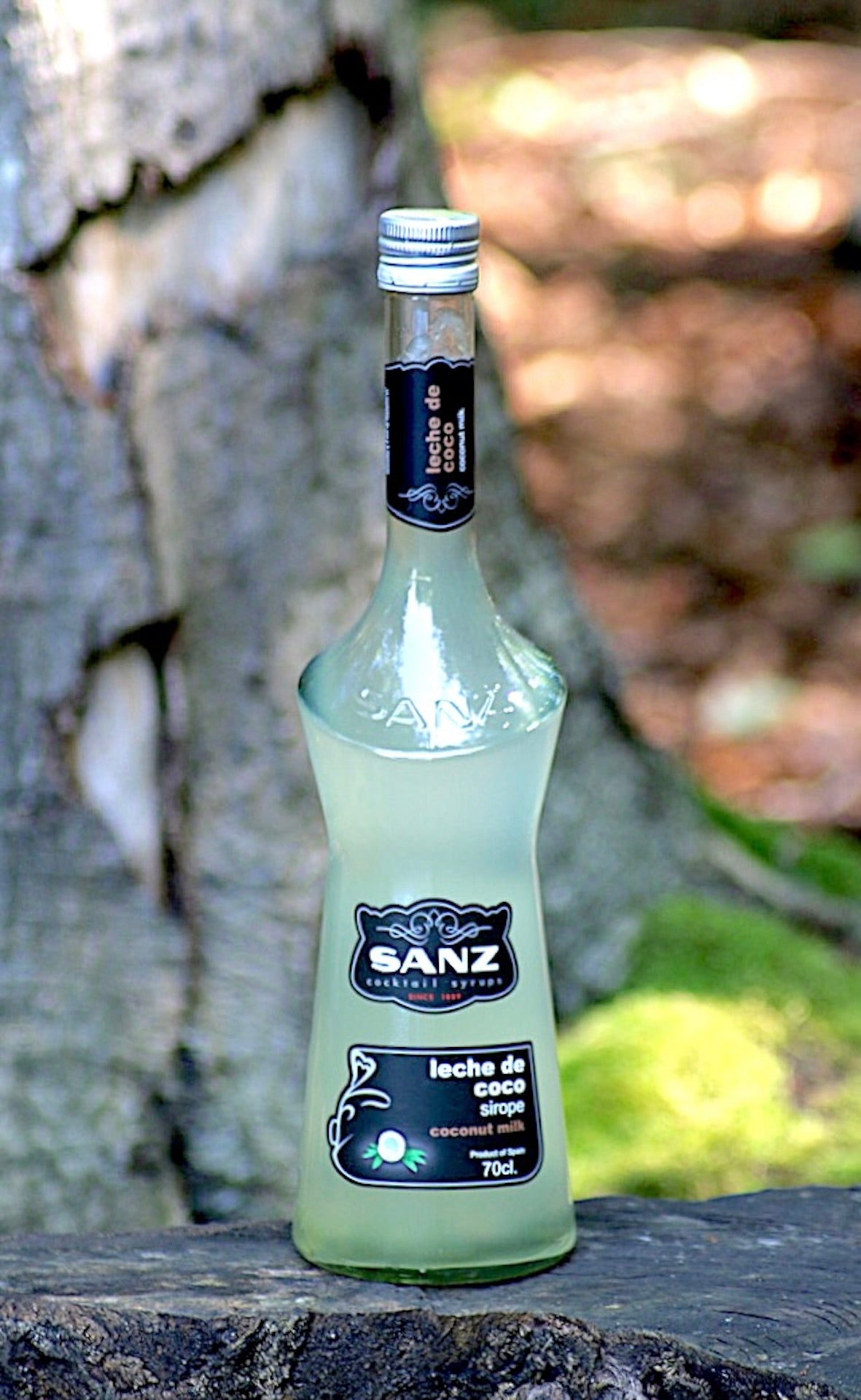 Kokosmilch-Sirup Sanz 0,7l auf einem Baumstamm mit natürlichem Hintergrund.