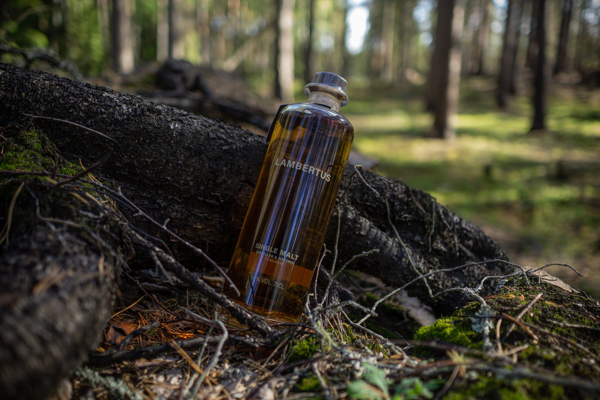 Lambertus Single Malt Whiskyflasche im Wald an einen Baumstamm gelehnt, umgeben von Moos und Zweigen