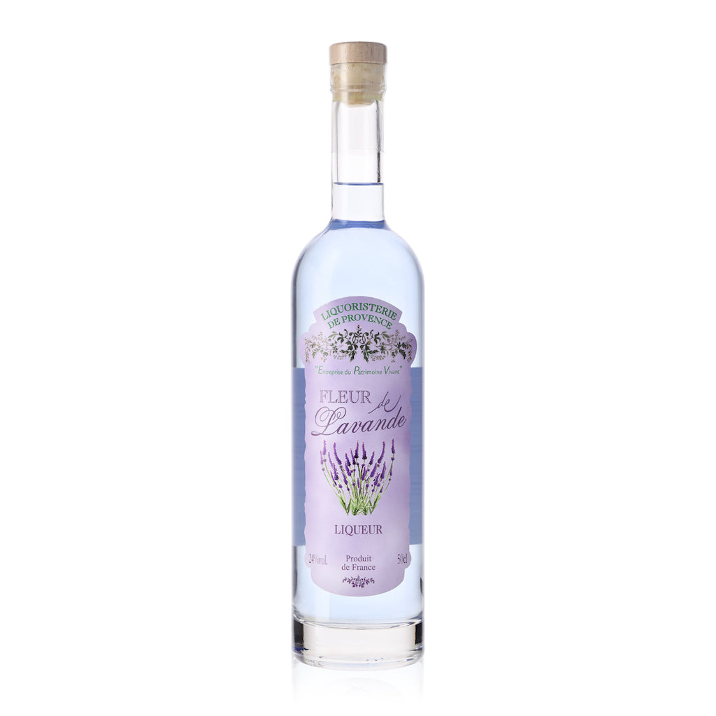 Flasche Fleur de Lavande Likör, 50 cl, Liquoristerie de Provence, mit Lavendel-Design und Korkverschluss