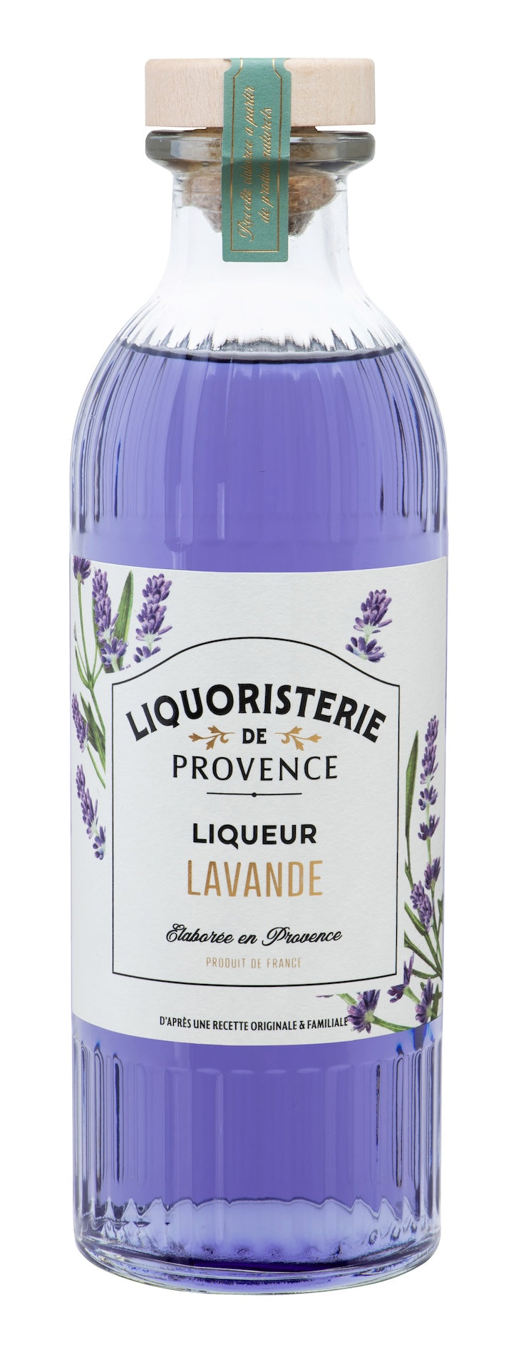 Lavendellikör Liquoristerie de Provence Flasche mit Holzverschluss und Lavendelblüten auf dem Etikett
