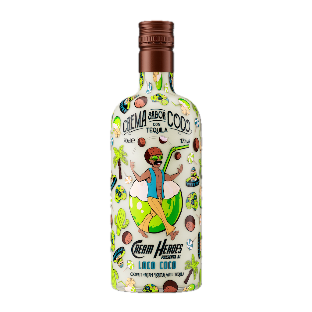 Loco Coco Likörflasche aus der Cream Heroes Serie mit buntem Design, Kokosnussmotiv und Tequila-Held auf grüner Kugel.