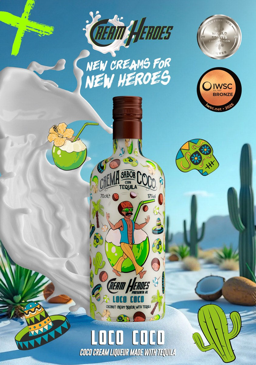 Loco Coco Likörflasche vor Wüstenkulisse mit Kaktus, Kokosnuss, Milchsplash, Medaillen und dem Schriftzug „New Creams for New Heroes“.