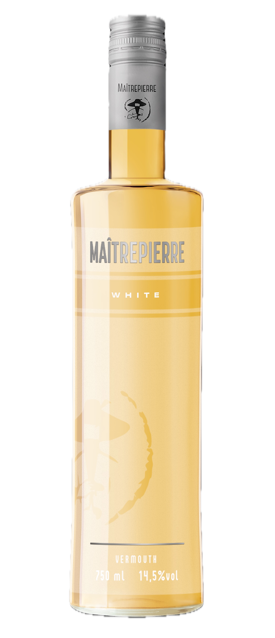 Maîtrepierre White Wermut 750 ml – gelber Aperitif in klarer Flasche mit silbernem Schraubverschluss