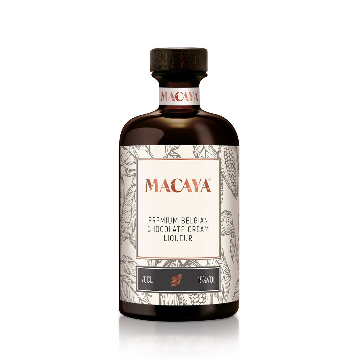 Braune 700-ml-Flasche Macaya Chocolate Cream Liqueur mit beiger Etikettgestaltung und Kakaoillustrationen.