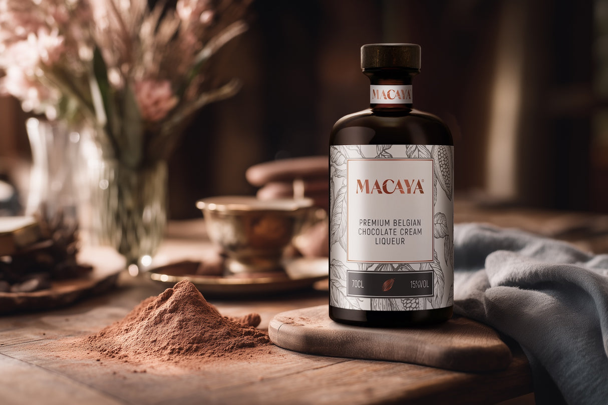 Macaya Schokoladenlikör auf Holztisch, daneben Kakaopulver, Becher und Dekoration im unscharfen Hintergrund.