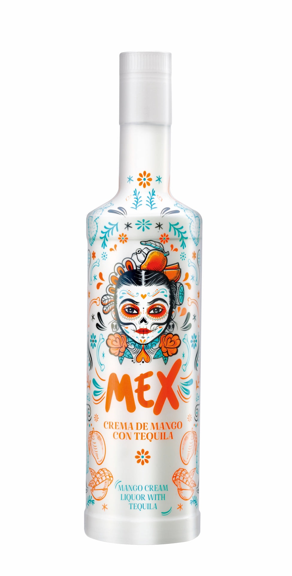 Mex Mango-Tequila Likör mit Sahne in einer kunstvoll verzierten Flasche mit farbenfrohen mexikanischen Motiven, 700 ml.