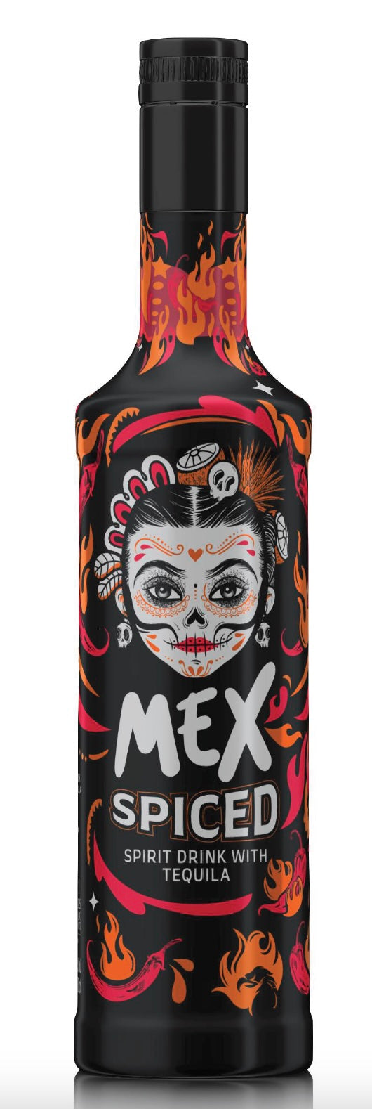 Mex Spiced Spirituose mit Tequila in dunkler Flasche, Catrina-Design mit Chili-Motiven und Angabe 0,7 l auf dem Etikett.