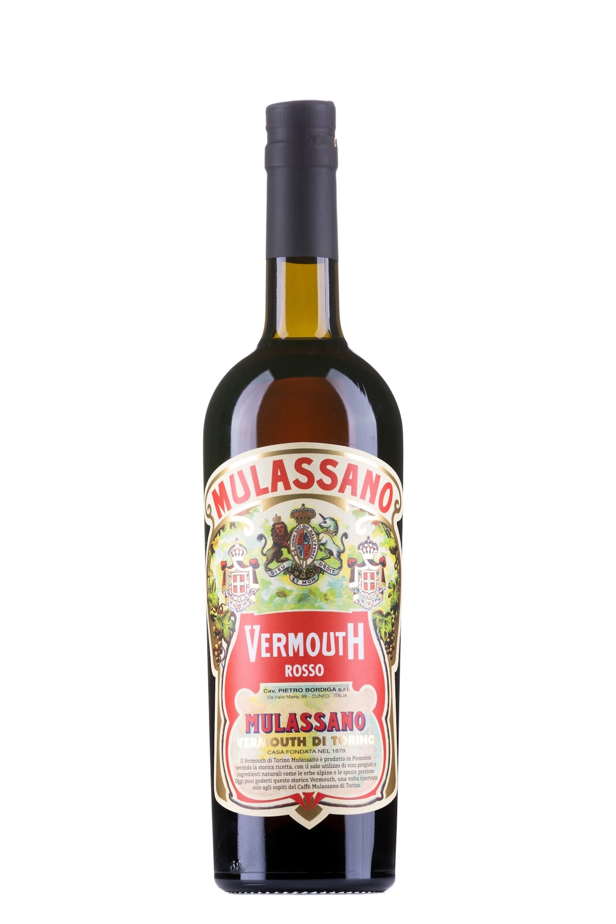 Mulassano Vermouth Rosso, braune Glasflasche mit rotem Hauptetikett und dekorativen Wappen.