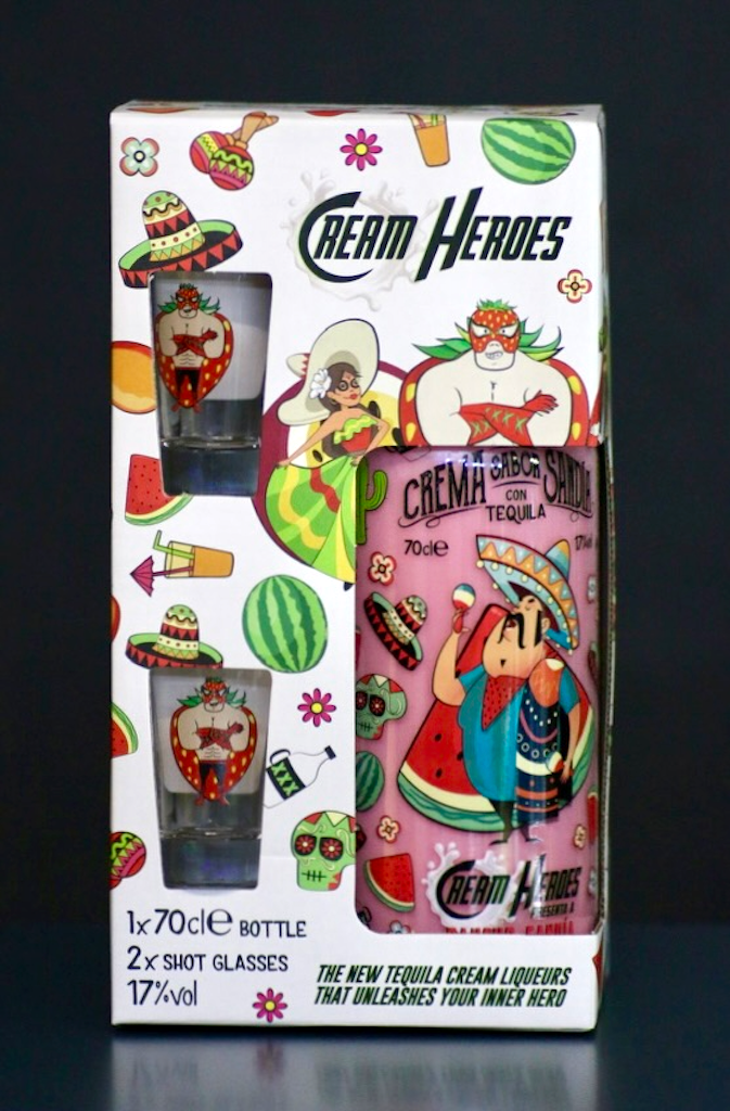 Pancho Sandia Wassermelonen-Tequila-Likör mit Sahne in Geschenkbox mit zwei Shotgläsern und bunten mexikanischen Motiven.