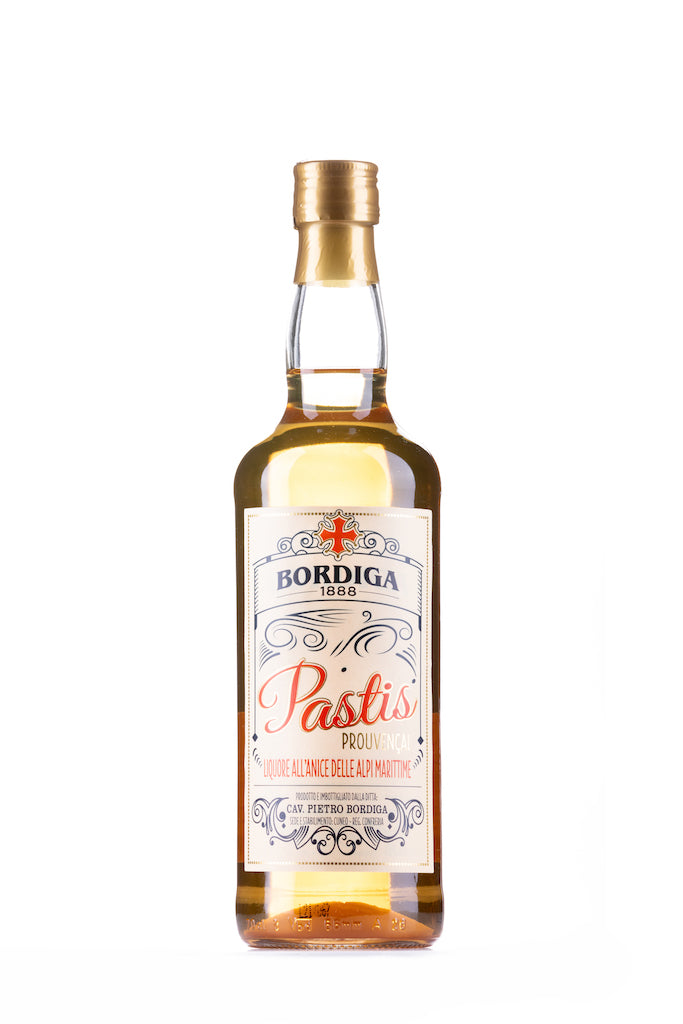 Flasche Bordiga 1888 Pastis Provençal Likör, 70cl, mit goldener Kappe und dekorativem Etikett im klassischen Stil