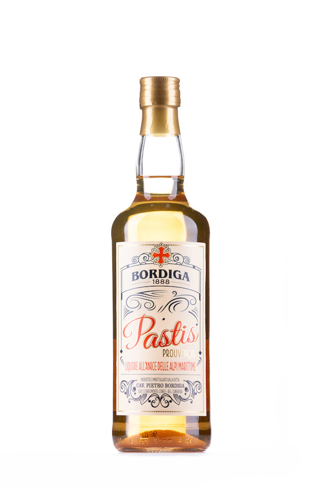 Flasche Bordiga 1888 Pastis Provençal Likör, 70cl, mit goldener Kappe und dekorativem Etikett im klassischen Stil