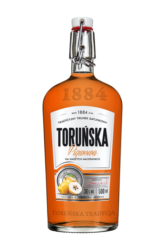 Flasche Toruńska Quitte Likör, 500 ml mit 36 % Vol., in einer traditionellen, bernsteinfarbenen Flasche mit Bügelverschluss und einem Etikett, das Quittenfrüchte zeigt.