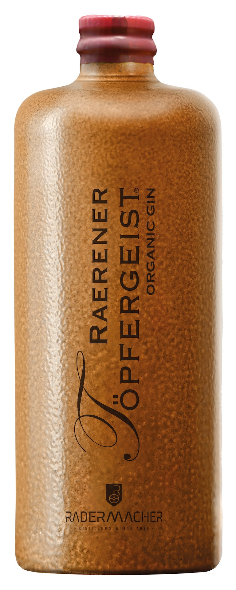 Raerener Töpfergeist Bio Gin in matter, brauner Tonflasche mit großem, schwarzem Schriftzug "Raerener Töpfergeist Organic Gin".
