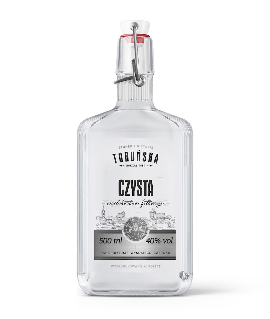 Flasche Toruńska Czysta Wodka, 40% vol. Klare Spirituose mit Bügelverschluss. Weißes Etikett mit Stadtsilhouette und Text.