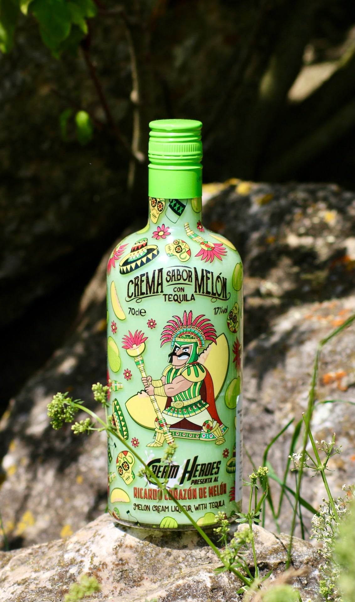 Ricardo Corazon de Melon Melonenlikör Flasche auf Stein zwischen Pflanzen und dunklem Naturhintergrund