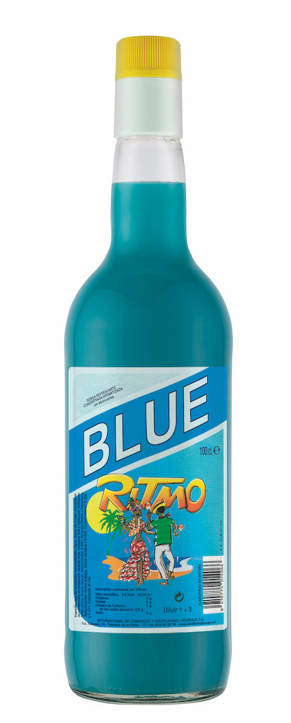 Flasche Ritmo Blue 1 L mit blauem Getränkekonzentrat und gelbem Verschluss auf weißem Hintergrund