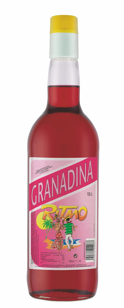 Flasche Ritmo Granadina alkoholfrei, 1 L, mit pink-gelbem Etikett und tropischem Motiv, rote Farbe, gelber Schraubverschluss.