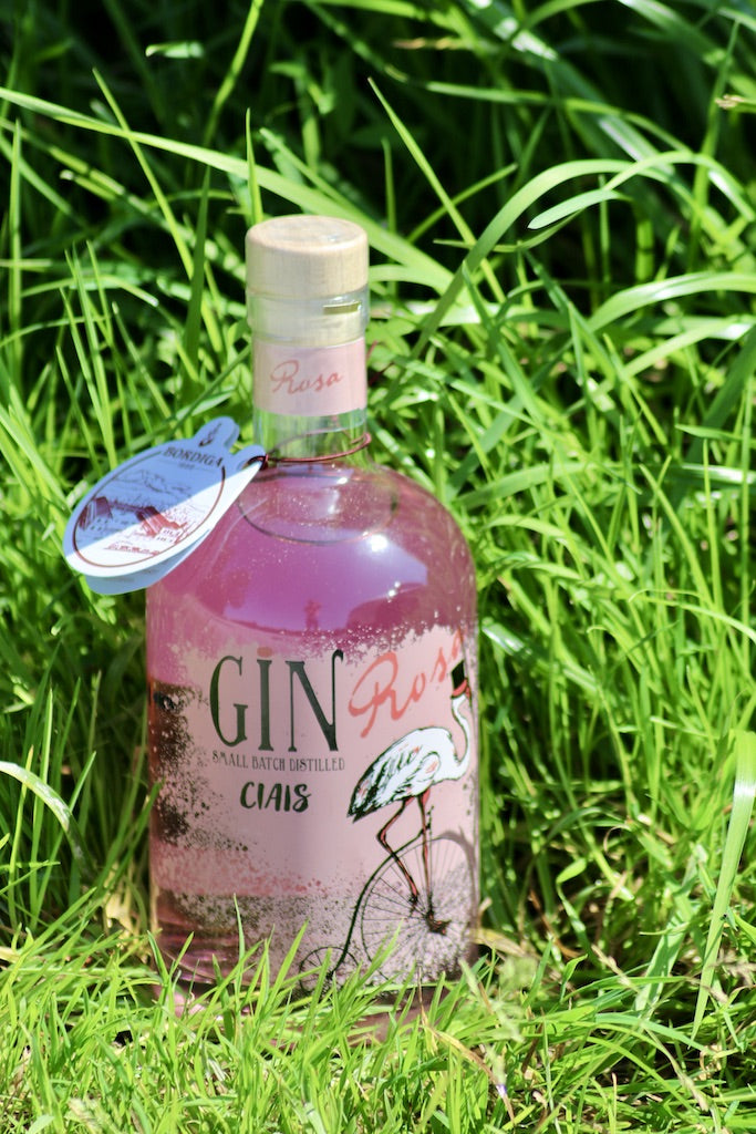 Rose Gin "Ciais Bordiga" aus ItalienFlasche Ciais Gin Rosa von Bordiga mit Hangtag, stehend im grünen Gras bei Sonnenschein.
