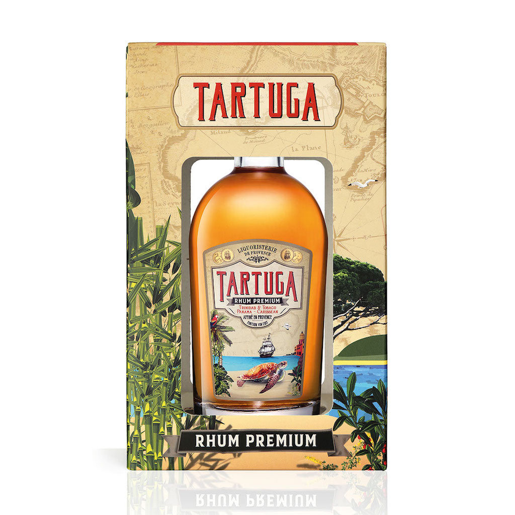 Tartuga Rumflasche in dekorativer Geschenkbox mit Landschaftsmotiven und Aufschrift Rhum Premium