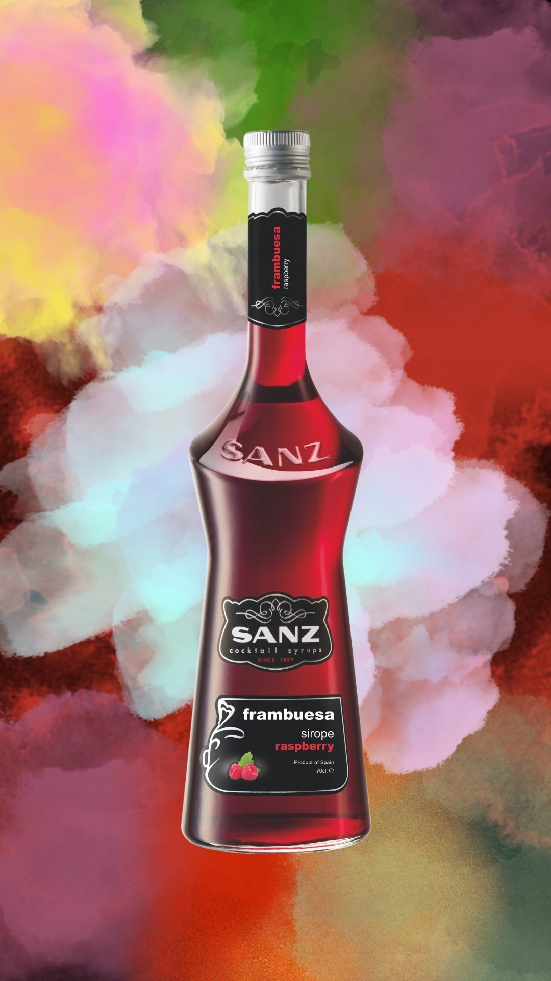 Sanz Himbeersirup-Flasche vor farbigem Hintergrund, Produktetikett mit „frambuesa sirope raspberry“, 700 ml.