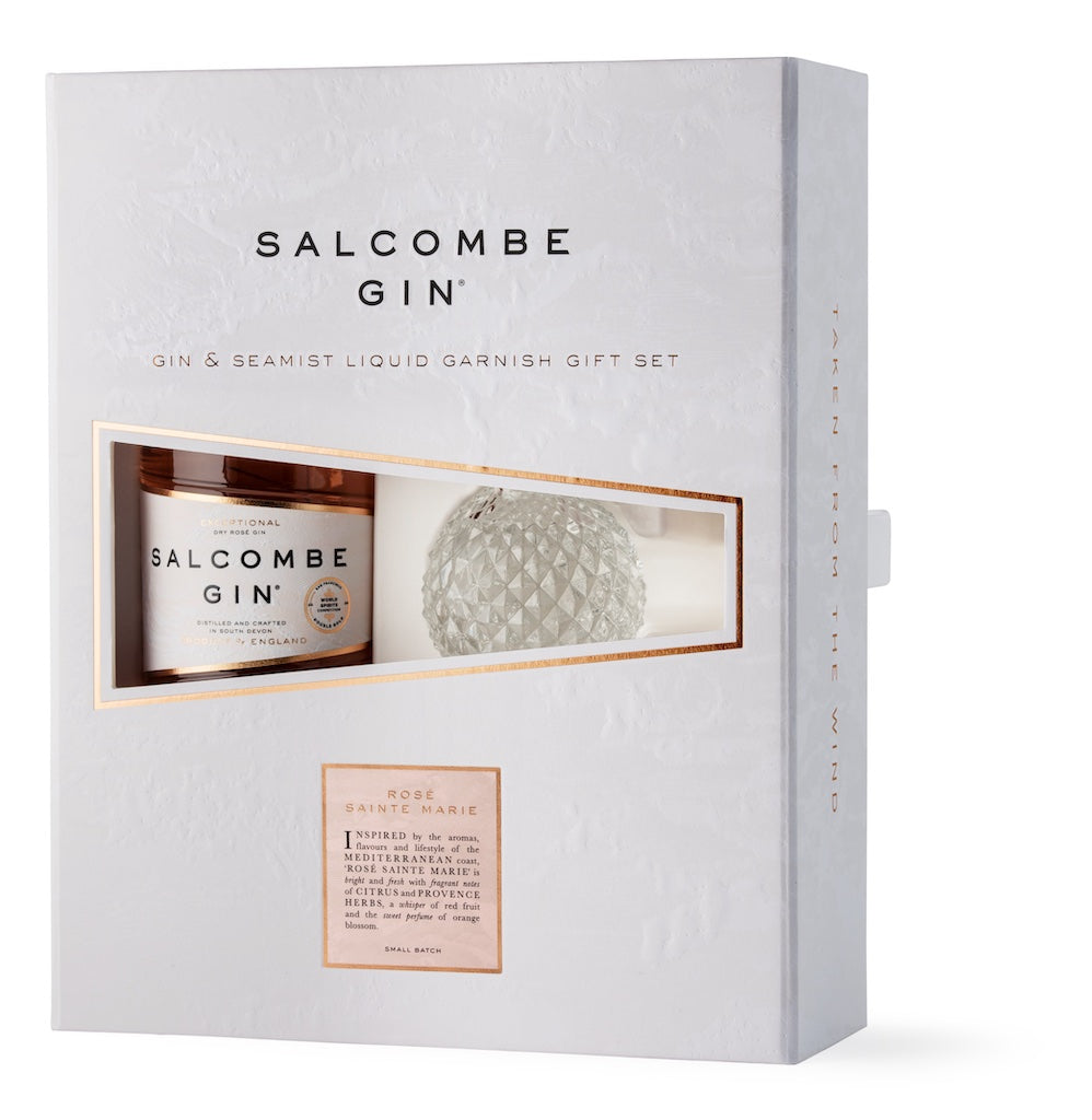 Salcombe Gin Geschenkset mit Rosé Sainte Marie Gin und Seamist Liquid Garnish, stilvoll verpackt in einer eleganten Box.