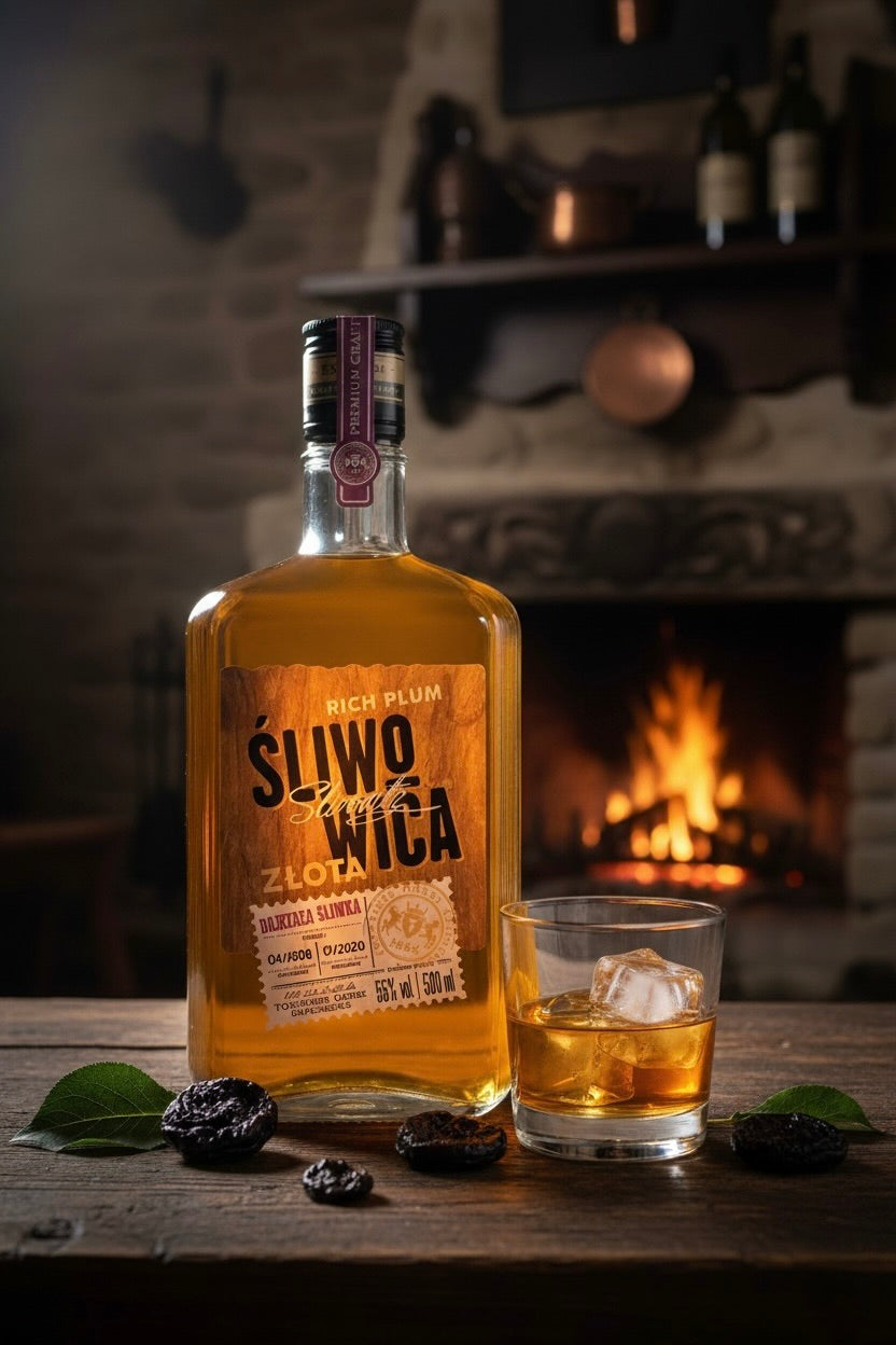 Sliwowica Złota Flasche und Glas mit Eis. Getrocknete Pflaumen auf Holztisch vor Kaminfeuer. Rustikale Szene.