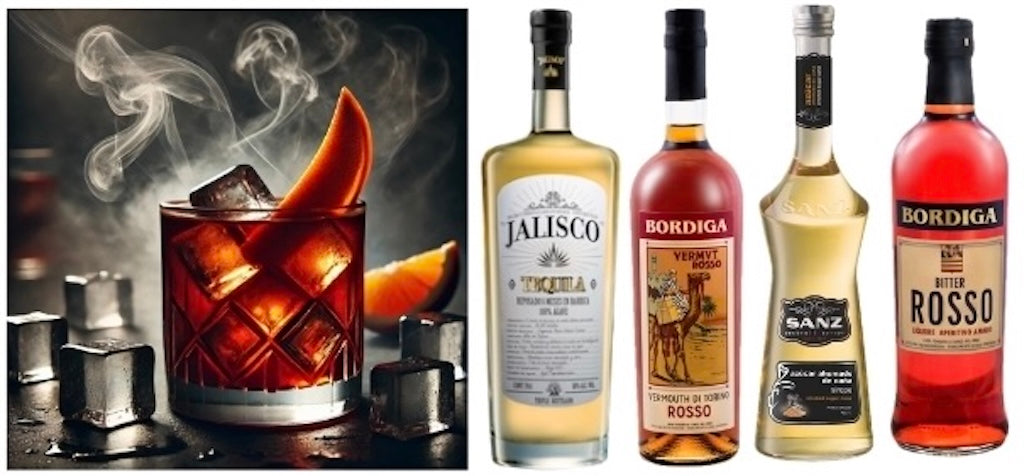 Cocktail-Set mit rauchigem Tequila Negroni, Eiswürfeln, Orangenzeste und vier Flaschen der enthaltenen Zutaten.