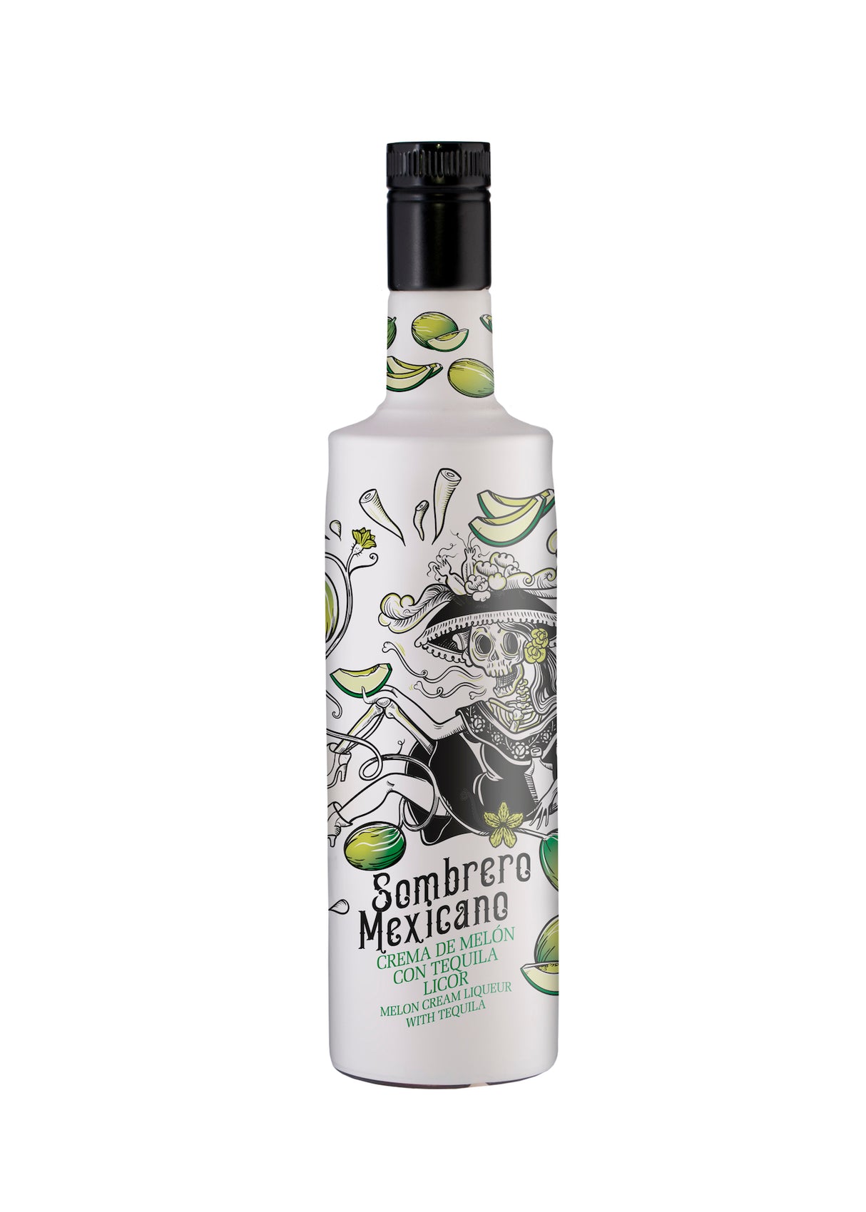 Melon-Tequila Likör Sombrero Mexicano (0,7l) mit Sahne und dekorativer Flasche, inspiriert von La Catrina, 15 % Vol.