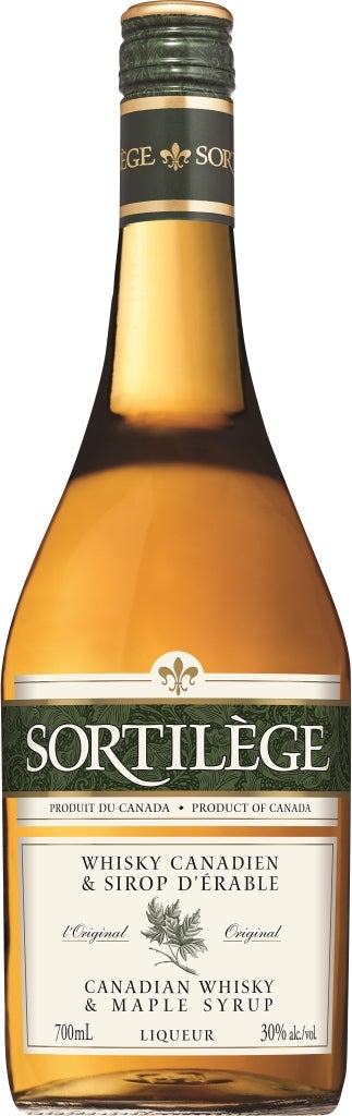 Flasche Sortilège Whisky Kanadien & Ahornsirup Likör, 700 ml, 30% Vol, Produkt aus Kanada, mit grünem Etikett und goldener Kapsel.