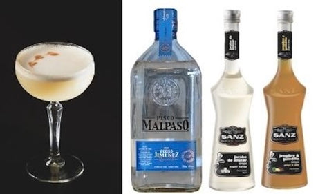 Spicy Pisco Sour im Cocktailglas, daneben Pisco MalPaso Pedro Jimenez, weißer Zuckersirup und Ingwer-Chili-Sirup von Sanz.