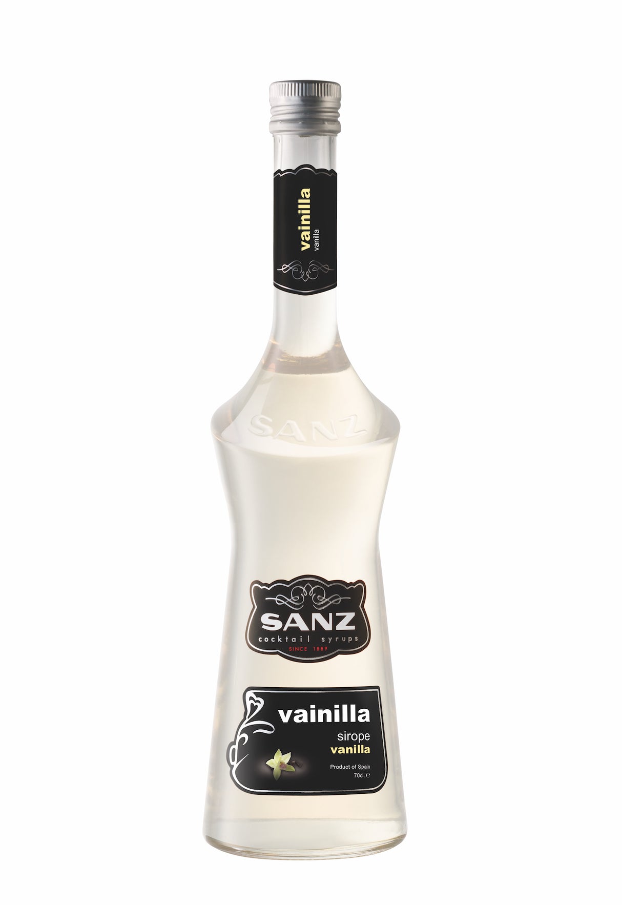Vanillesirup Sanz 700 ml in einer eleganten Flasche mit schwarzem Etikett