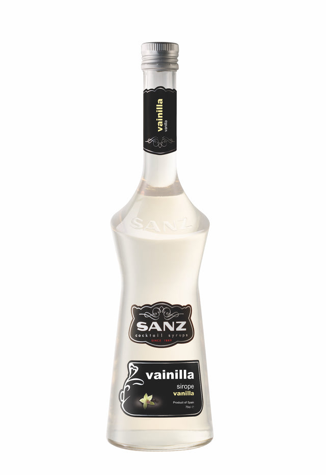 Vanillesirup Sanz 700 ml in einer eleganten Flasche mit schwarzem Etikett