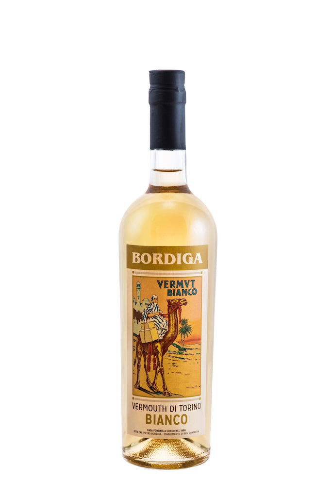 Flasche Bordiga Vermouth Bianco 0,75l mit gelbem Etikett und Kamelillustration, Aufschrift Vermouth di Torino Bianco