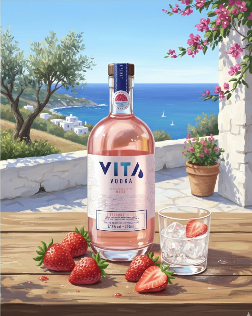 Vita Erdbeere Vodka in mediterraner Umgebung: Flasche und Cocktailglas mit Erdbeeren auf Holztisch, im Hintergrund Meer und weiße Häuser.