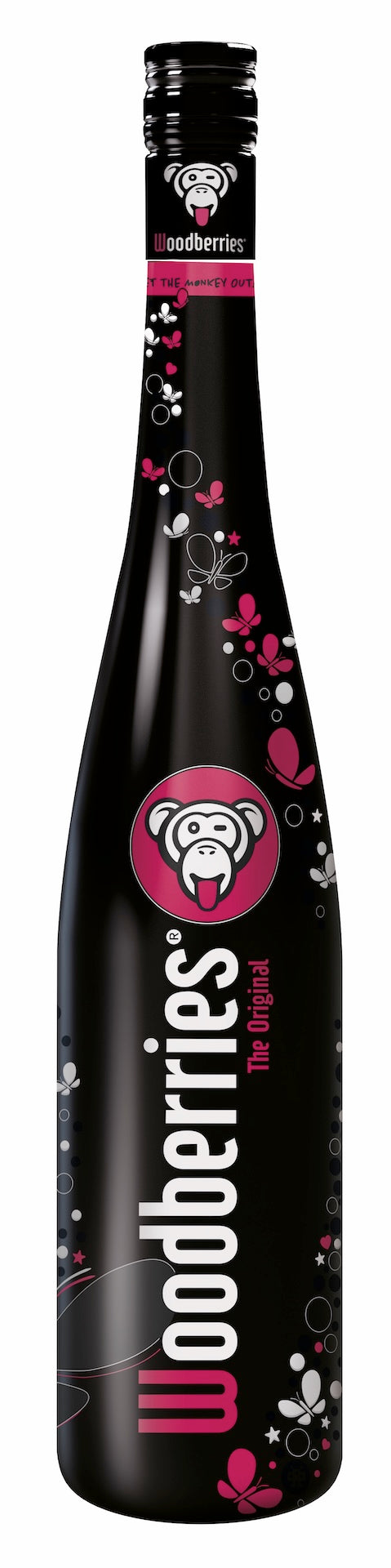 Schwarze Flasche Woodberries Original Aperitif mit pinkem Affenkopf-Logo und Schmetterlingsdekor.
