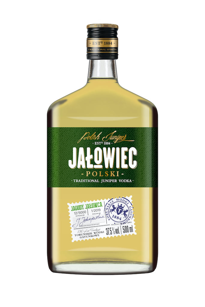 Polnischer Jalowiec Wacholder-Wodka in rechteckiger Flasche mit grünem Etikett und 37,5 % vol.-Angabe.