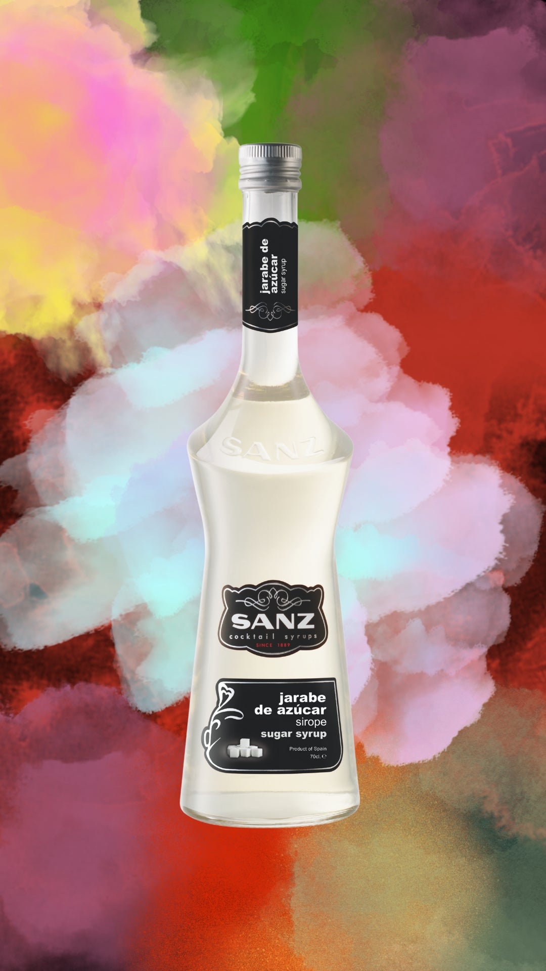 Flasche Sanz Sugar Syrup (Jarabe de Azúcar) vor buntem, wolkigem Hintergrund – 700 ml Inhalt