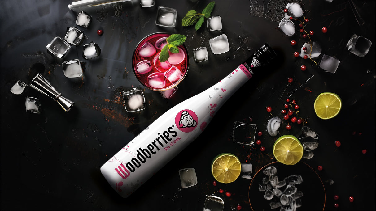 Woodberries Non-Alcoholic Flasche auf dunkler Fläche mit Eiswürfeln, Cocktail, Limetten, Beeren und Barmessbecher.