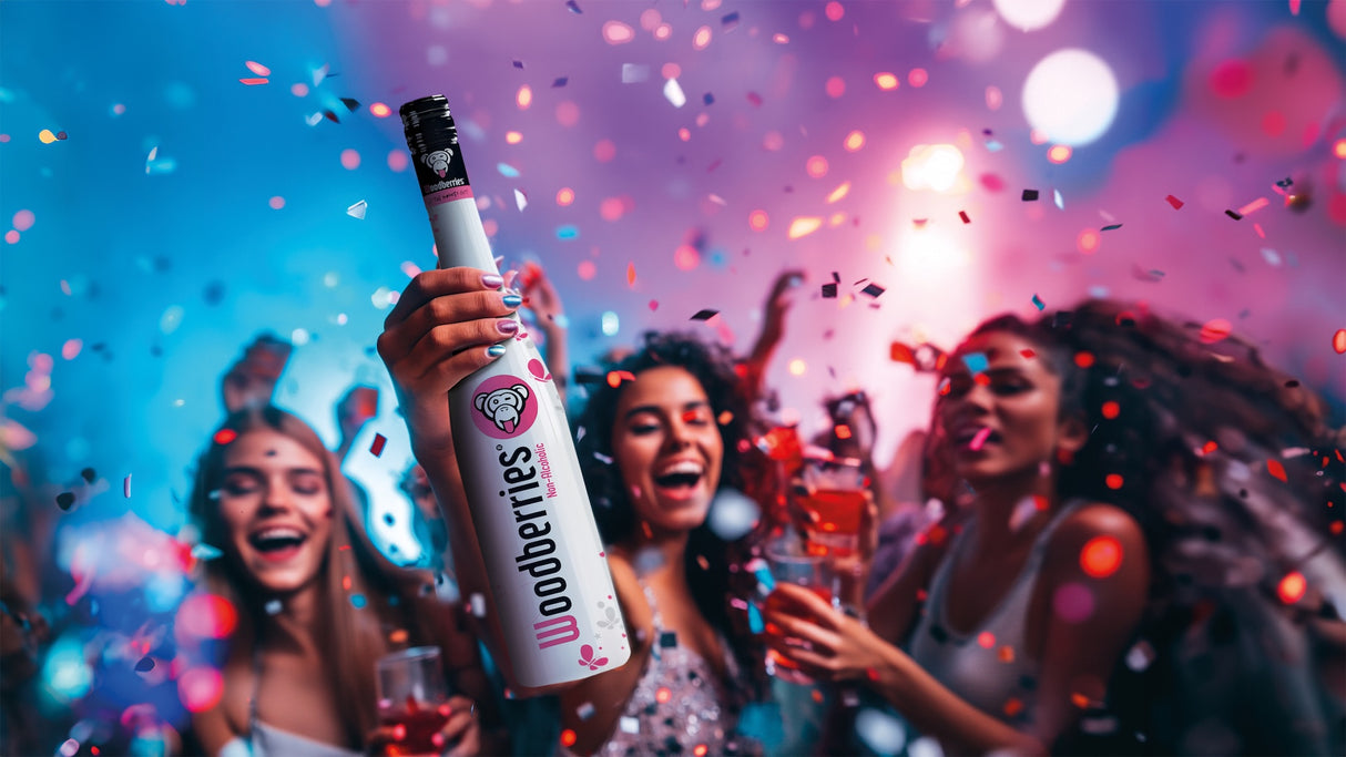 Gruppe feiert mit Woodberries Non-Alcoholic Flasche und Getränken in der Hand, umgeben von Konfetti und buntem Licht.
