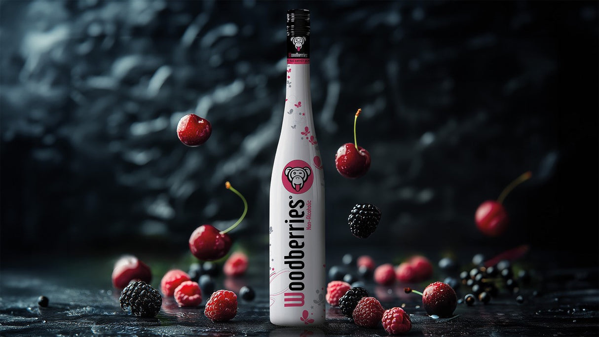 Woodberries Non-Alcoholic Flasche umgeben von Schwarzkirschen, Brombeeren, Himbeeren und schwarzen Johannisbeeren.