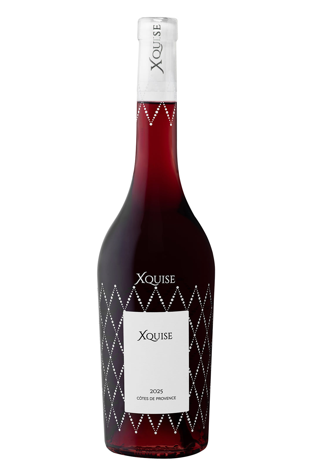 Xquise Rotwein AOP Côtes de Provence 2025 in dunkler Flasche mit weißem Etikett und grafischem Punktmuster.