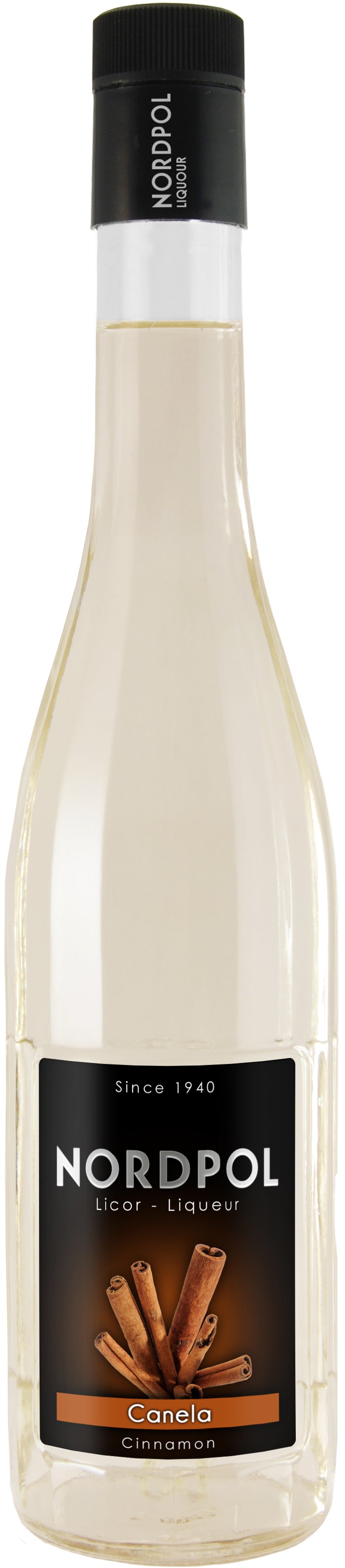 Flasche Nordpol Zimtlikör (Canela), mit schwarzem Etikett und Zimtstangen-Abbildung, seit 1940
