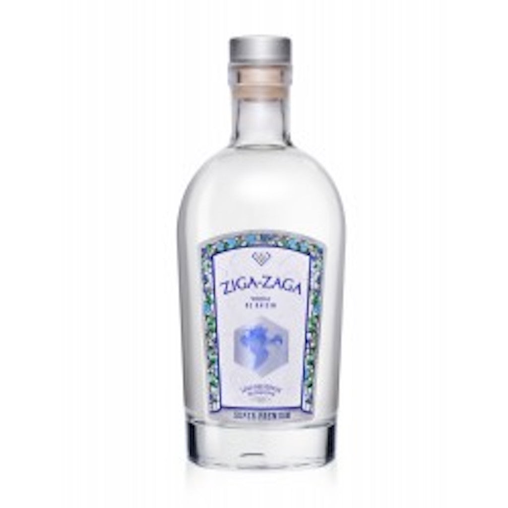 Flasche Ziga Zaga Vodka aus der Provence mit silbernem Verschluss und verziertem Etikett in Blau und Grün.
