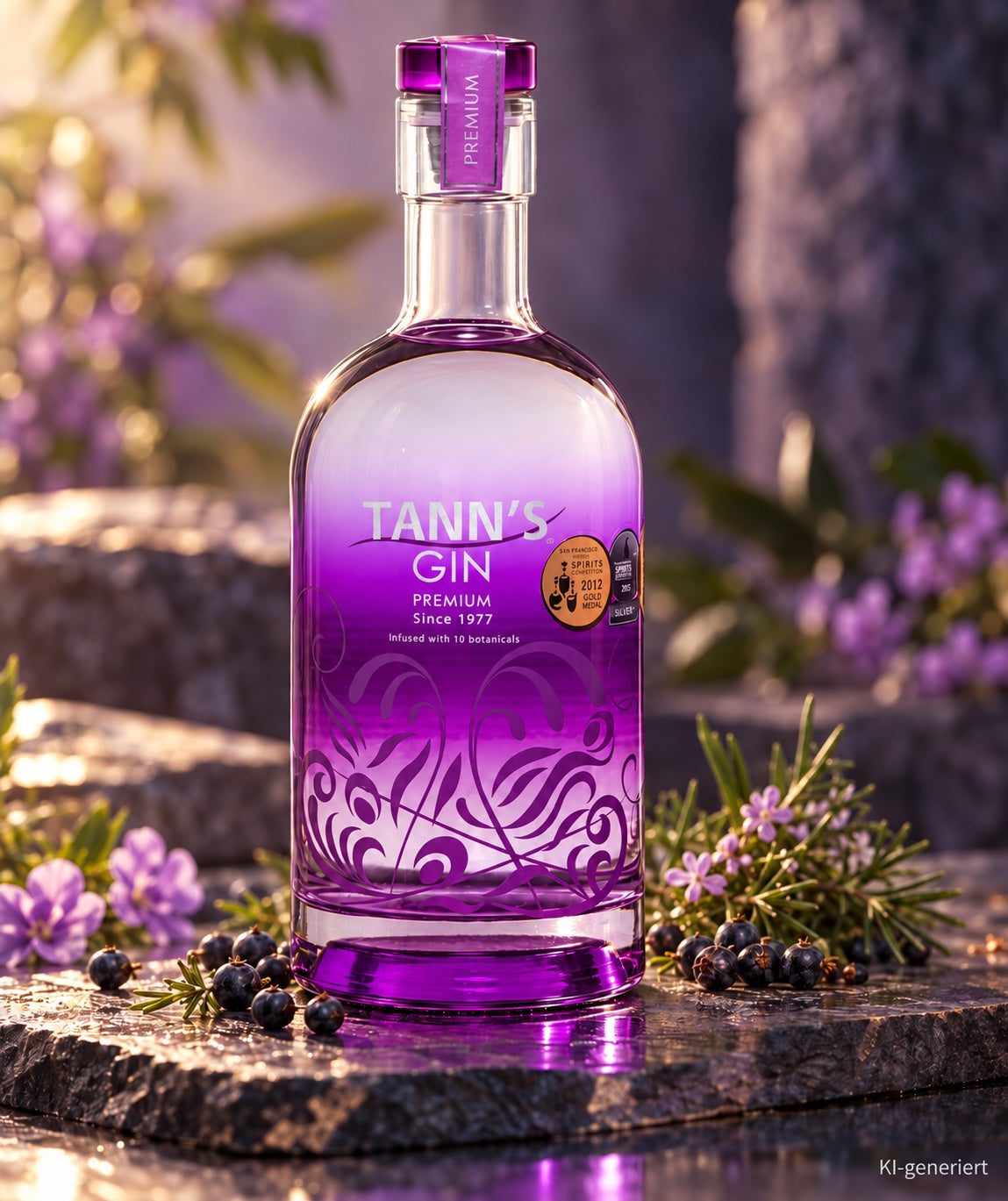 Tann's Premium Gin in violetter Flasche auf einer Steinplatte mit Wacholderbeeren, Kräutern und violetten Blüten.