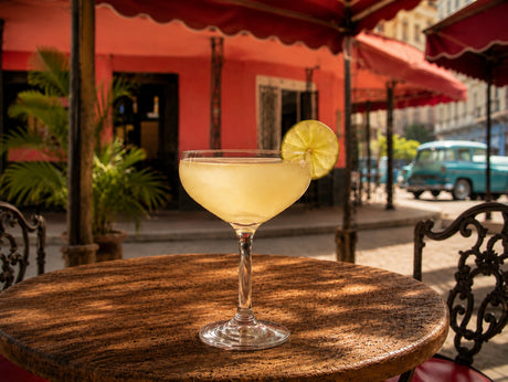 Daiquiri-Cocktail mit Limettenscheibe auf Holztisch vor kubanischer Straßenszene mit Oldtimer