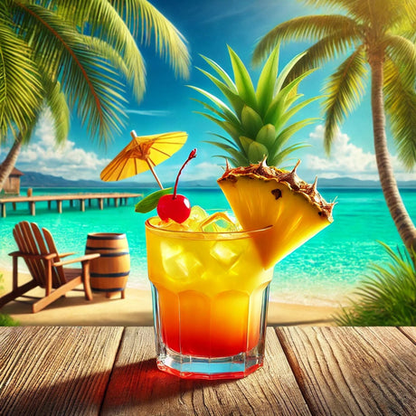 Karibischer Goombay Smash Cocktail in kleinem Glas mit Ananas, Kirsche und Schirm, vor tropischem Strand und türkisfarbenem Meer.