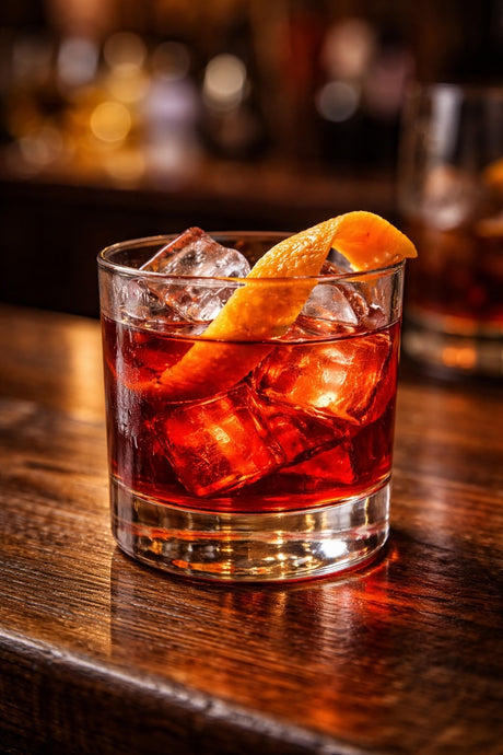 Negroni Cocktail im Tumblerglas mit Eis und Orangenzeste, roter Aperitif-Drink auf einer Holzbar mit unscharfem Barhintergrund.